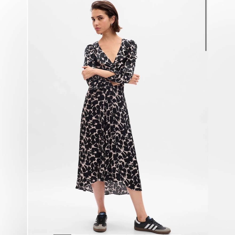 Gap Ruched Satin Midi Dress Black and White Floral